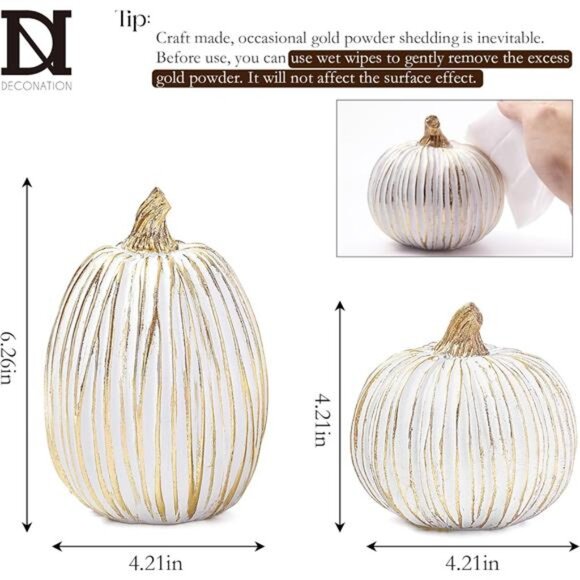 Set of 2 White and Gold Fall Pumpkins Artificial Resin Pumpkins Figurines - Picture 2 of 7